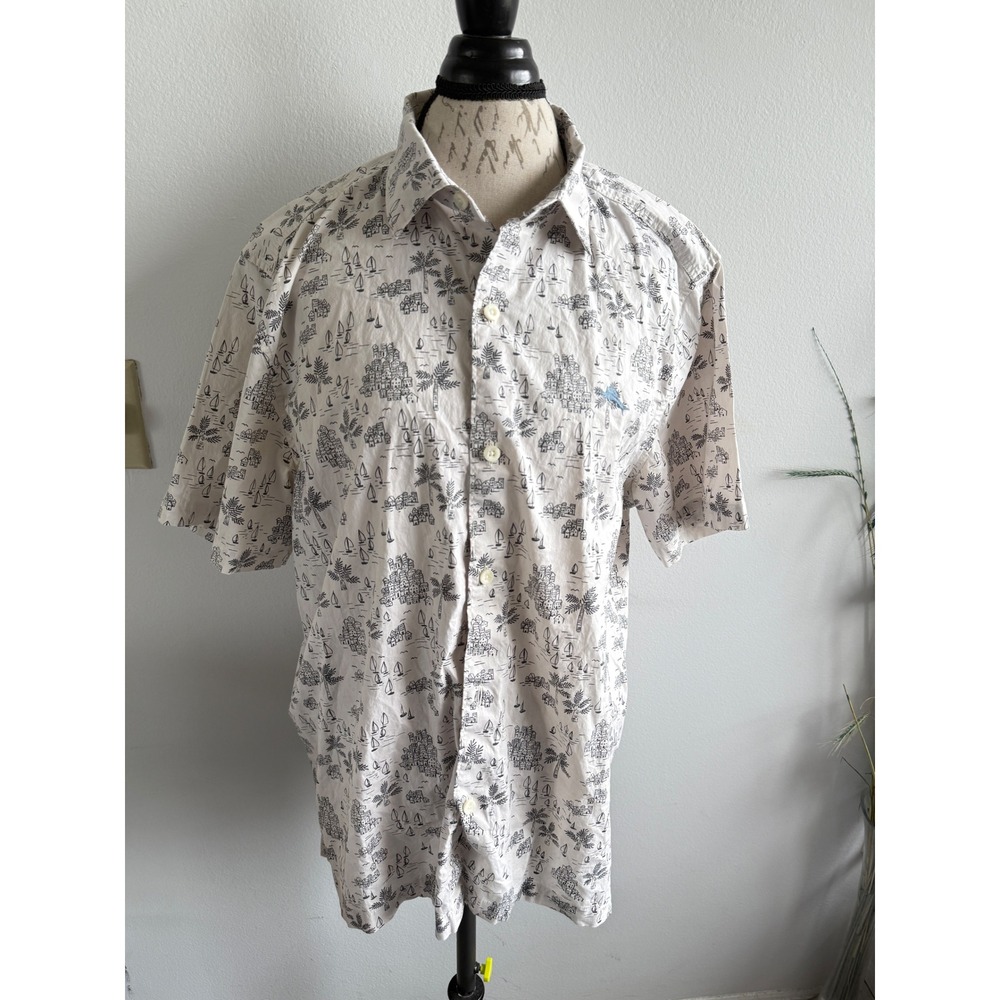 Tommy Bahama Cream Island‎ Print Short Sleeve Button Up Camp Shirt - Large